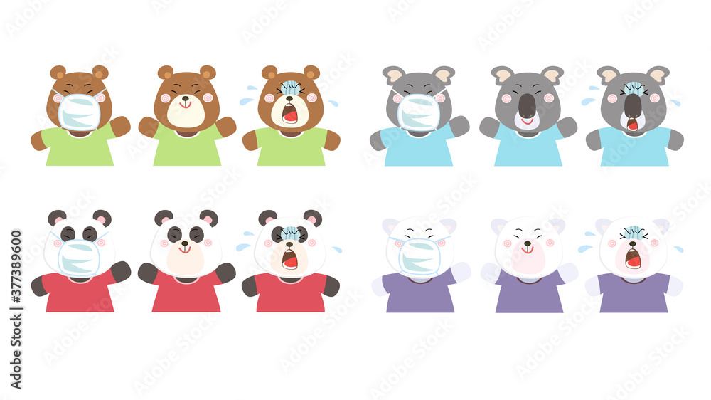 Cute bears having a cold, and using protection mask.