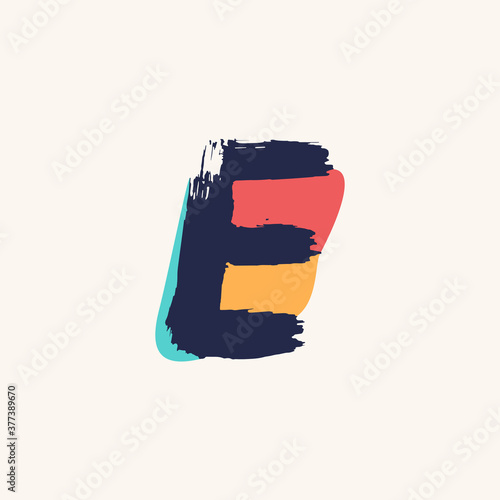 Kid style E letter logo handwritten with dry brush and watercolor spots.