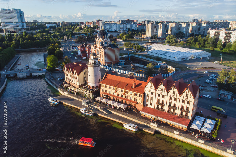 Obraz premium Aerial view of a Kaliningrad, former Koenigsberg, Kaliningrad Oblast, Russia, with Fishermen Village and Konigsberg Cathedral