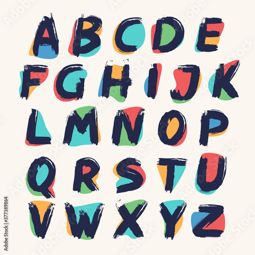 Kid style alphabet handwritten with dry brush and watercolor spots.