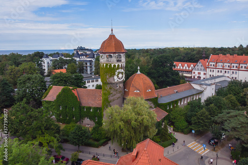 Aerial view of Svetlogorsk, former german Rauschen, coastal resort town, Svetlogorsky District, Kaliningrad Oblast, Russia, Baltic Sea coast, with scenery beyond the city and sea photo