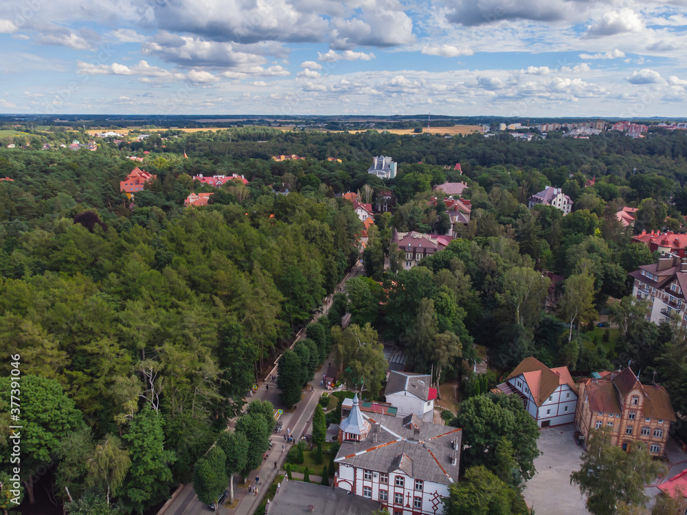 Aerial view of Svetlogorsk, former german Rauschen, coastal resort town, Svetlogorsky District, Kaliningrad Oblast, Russia, Baltic Sea coast, with scenery beyond the city and sea