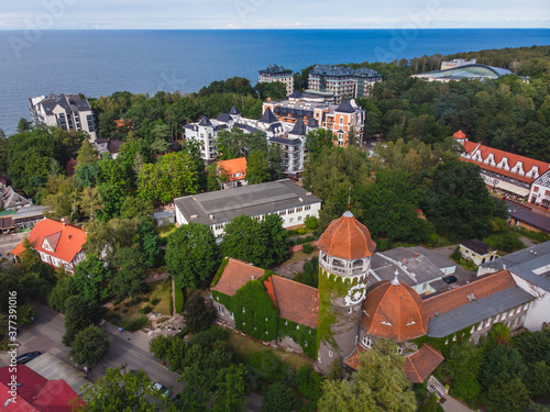 Aerial view of Svetlogorsk, former german Rauschen, coastal resort town, Svetlogorsky District, Kaliningrad Oblast, Russia, Baltic Sea coast, with scenery beyond the city and sea photo