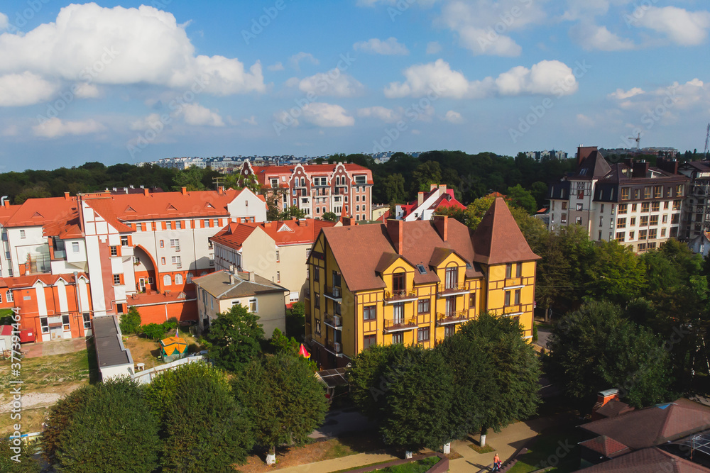 Aerial view of a Zelenogradsk, former Cranz, coastal resort, Zelenogradsky District, Kaliningrad Oblast, Russia, Sambian coastline, near Curonian Spit on the Baltic Sea, with beach and waterfront Aerial view of a Zelenogradsk, former Cranz, coastal resort, Zelenogradsky District, Kaliningrad Oblast, Russia, Sambian coastline, near Curonian Spit on the Baltic Sea, with beach and waterfront