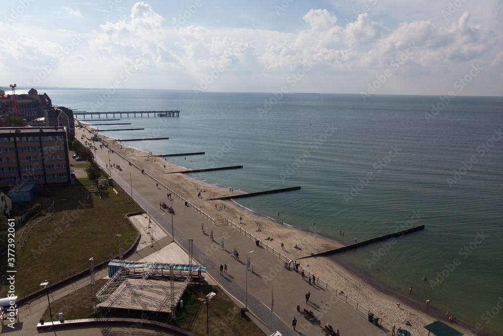 Aerial view of a Zelenogradsk, former Cranz, coastal resort, Zelenogradsky District, Kaliningrad Oblast, Russia, Sambian coastline, near Curonian Spit on the Baltic Sea, with beach and waterfront