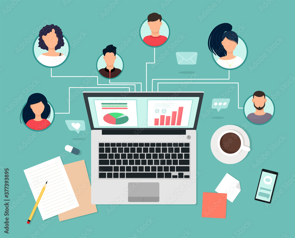People experts with different skills work together remotely via laptop, team collaboration, communication and communication. Study and master classes, business trainings. Vector illustration in flat s - obrazy, fototapety, plakaty 