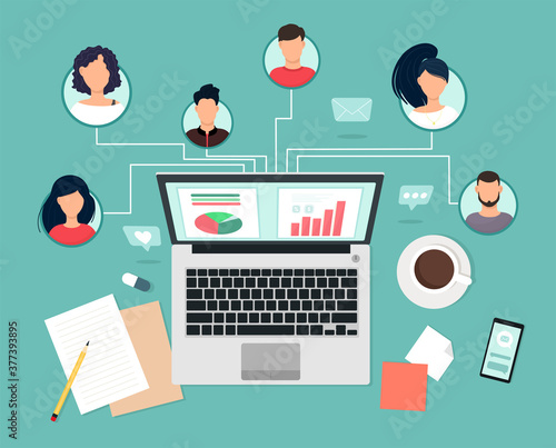 People experts with different skills work together remotely via laptop, team collaboration, communication and communication. Study and master classes, business trainings. Vector illustration in flat s