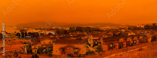 Orange haze over San Francisco on September 9 2020 from record wildfires in Californa  ash and smoke in the sky  daytime