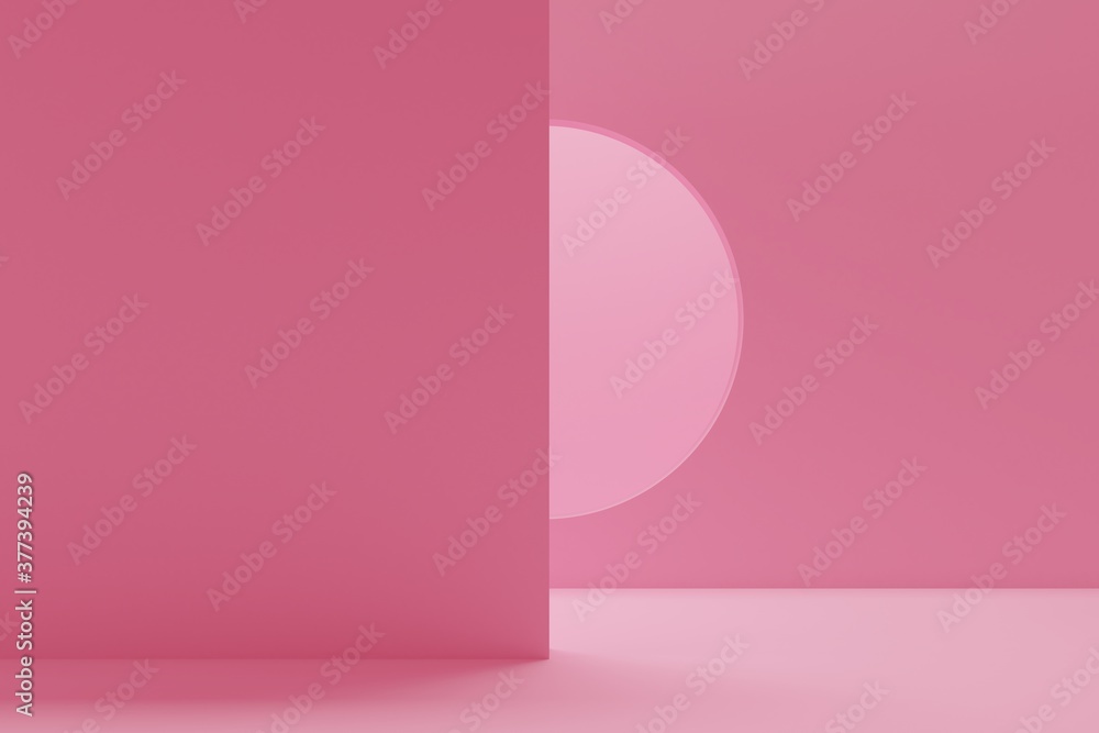 Abstract background wall with round window in pink room. Backdrop design for product promotion. 3d rendering Abstract background wall with round window in pink room. Backdrop design for product promotion. 3d rendering