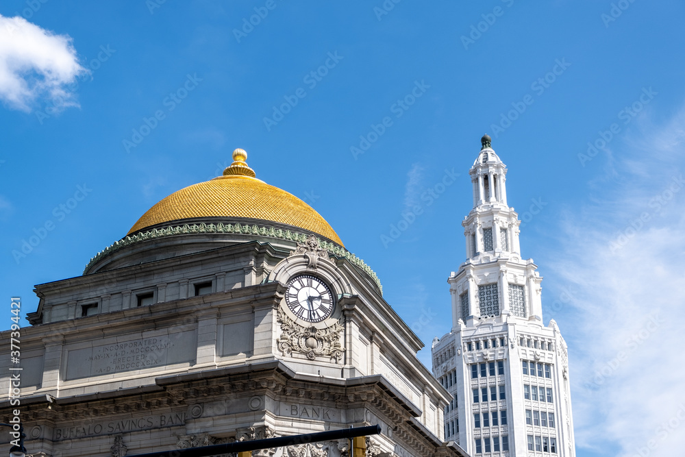 Historic architecture at Main Street in Downtown Buffalo, NY - Old Bank Building and The Electric Tower