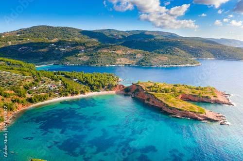 Amazing beach of Kokkinokastro with orange sand in Alonnisos island, Sporades, Greece.