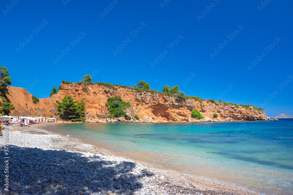 Amazing beach of Kokkinokastro with orange sand in Alonnisos island, Sporades, Greece.