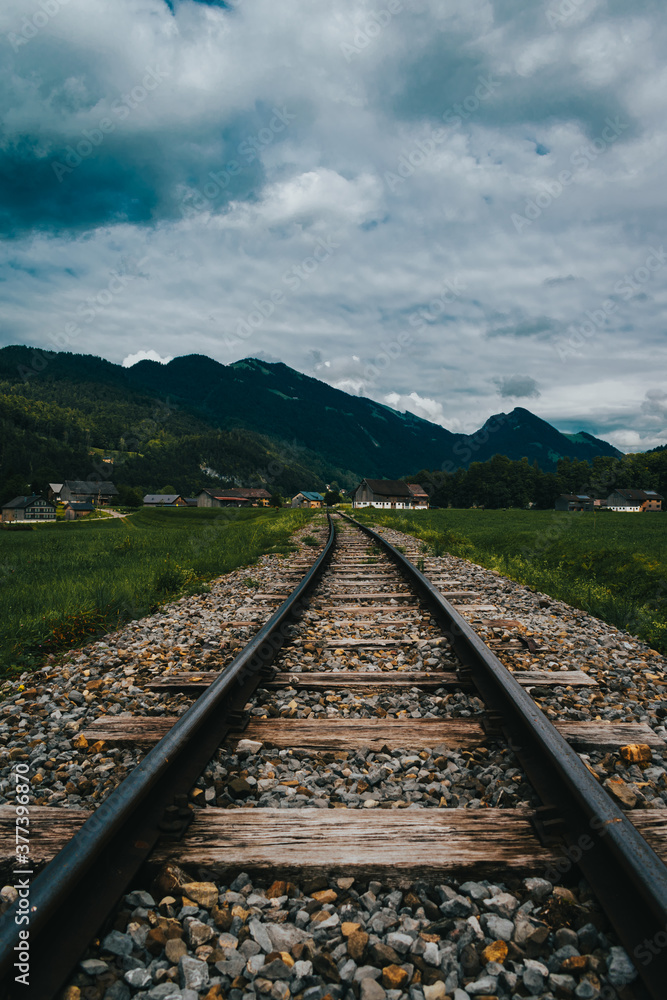 Fototapeta premium Paisaje con vías de un tren en un campo verde