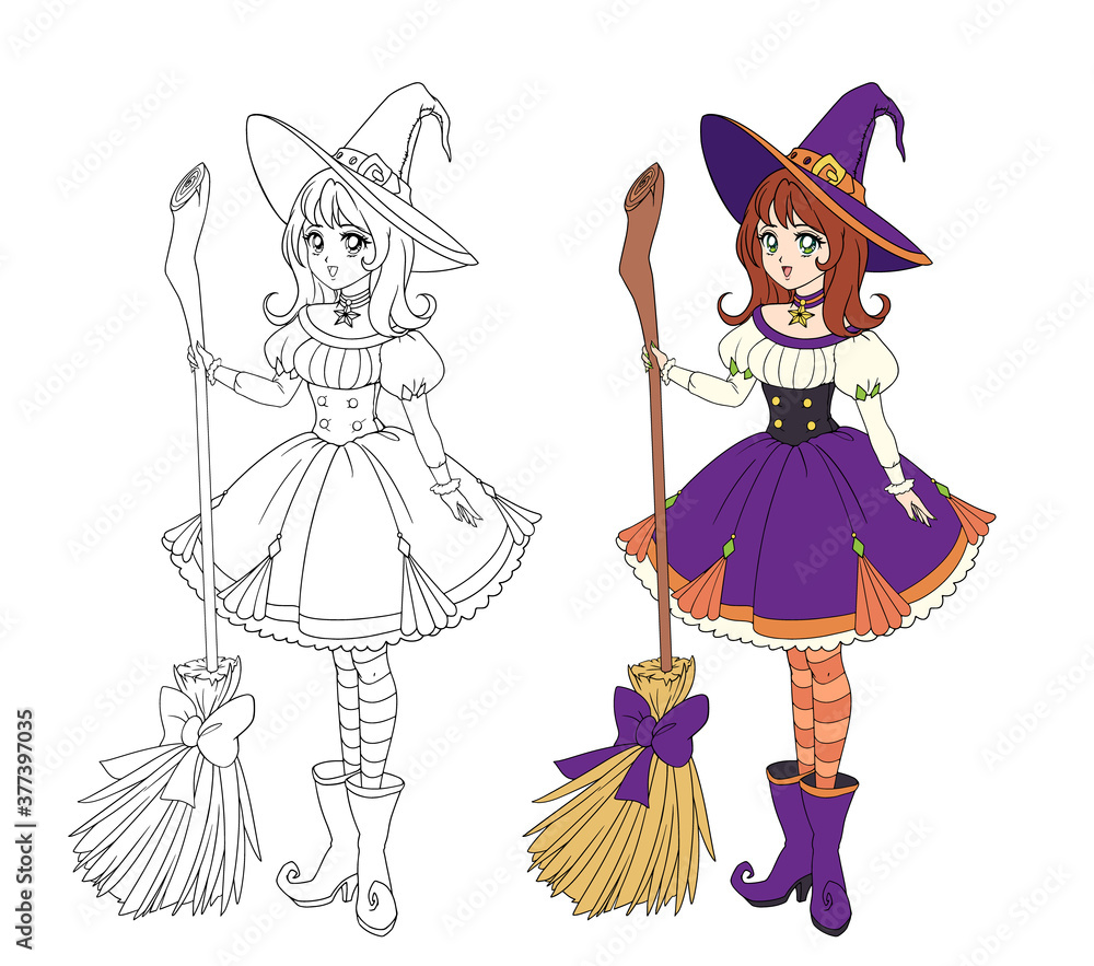 Beautiful anime witch holding wooden broom. vector illustration