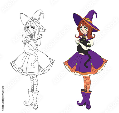 Beautiful anime witch holding black cat. Hand drawn vector illustration