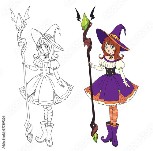 Beautiful anime witch holding big staff. Hand drawn vector illustration
