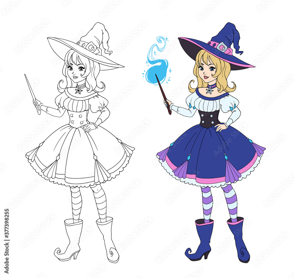 Beautiful anime witch holding magic wand. Hand drawn vector illustration