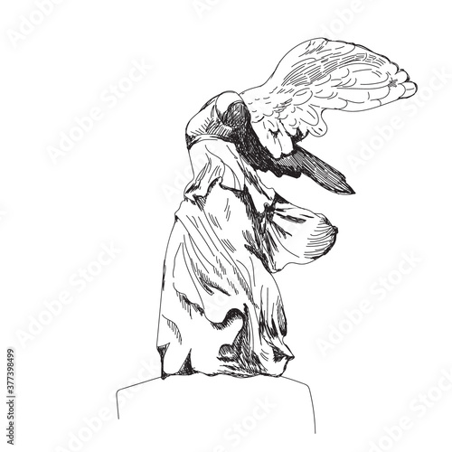 Vector illustration of Nike Samothrace marble statue in line, sketch. Isolated art object. Louvre, Parise