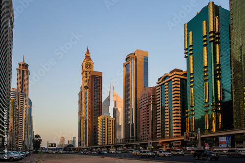 DUBAI, UAE - AUGUST 16: View of Sheikh Zayed Road skyscrapers in Dubai, UAE on AUGUST 16, 2016. More than 25 skyscrapers can be found here.