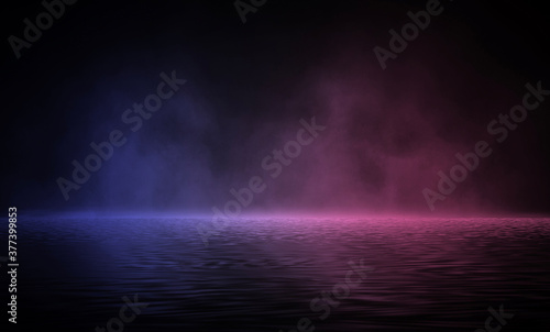 Night sea landscape, light reflection in the water. Empty natural scene, night view. 3D illustration.