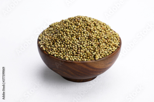 Fresh coriander seeds in wooden bowl and white background.