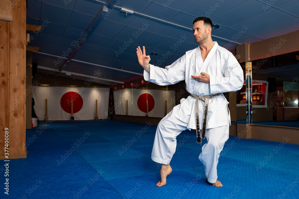 Karate man stand your ground on tatami doing Karate man stand your ground on tatami doing