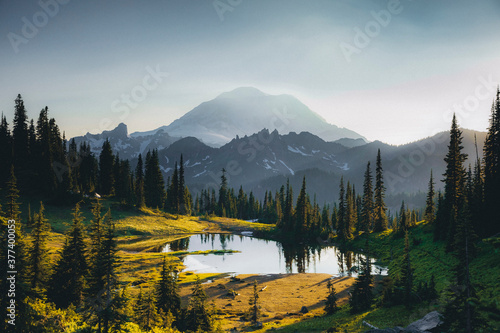 Tipsoo lake on sunset with a reflection of mt. Rainier, Washington