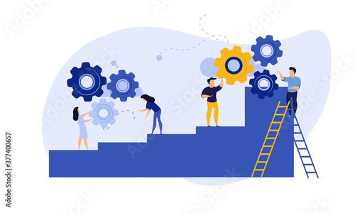 Achievement target career challenge vector flat illustration. Woman kpi walking steps to gold cup. Job journey business success leader ambition. Goal progress up climbing performance banner