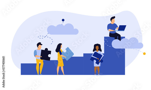 Achievement target career challenge vector flat illustration. People kpi walking steps to direction. Job journey business success leader ambition. Goal progress up climbing performance banner