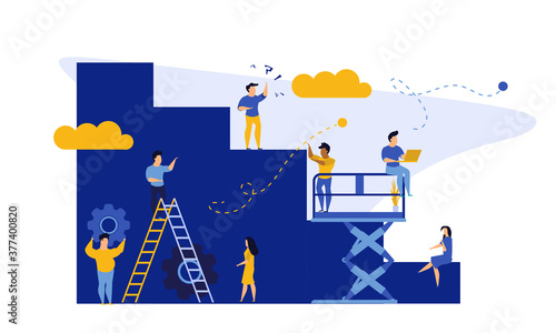 Achievement target career challenge vector flat illustration. People kpi walking steps to direction. Job journey business success leader ambition. Goal progress up climbing performance banner