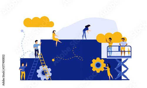 Achievement target career challenge vector flat illustration. People kpi walking steps to direction. Job journey business success leader ambition. Goal progress up climbing performance banner
