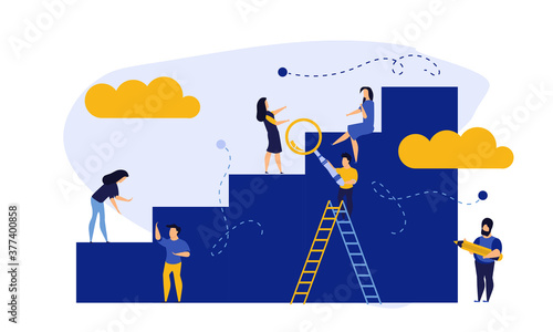Achievement target career challenge vector flat illustration. People kpi walking steps to direction. Job journey business success leader ambition. Goal progress up climbing performance banner