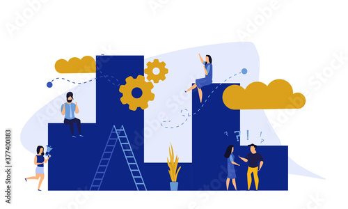 Achievement target career challenge vector flat illustration. People kpi walking steps to direction. Job journey business success leader ambition. Goal progress up climbing performance banner