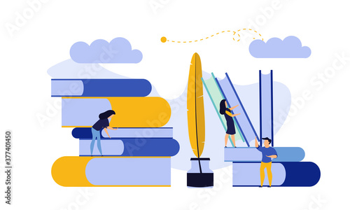 Man and woman create document book manual. Business handbook advice content vector. Online web paper digital illustration article journalism. Social marketing blogging design. Promotion banner guide