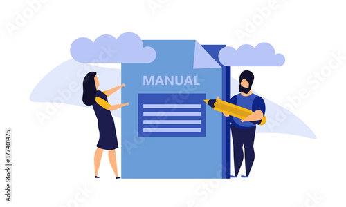 Man and woman create document book manual. Business handbook advice content vector. Online web paper digital illustration article journalism. Social marketing blogging design. Promotion banner guide © GOLDMAN