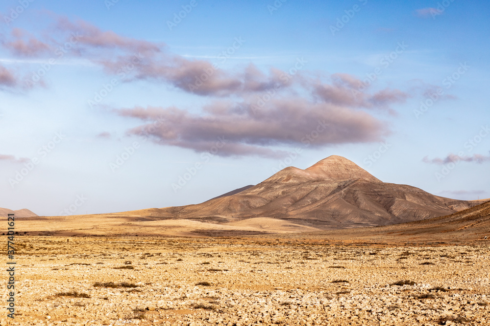 desert landscape with volcanic mountains in Fuerteventura, Canary Islands - trekking landscape
