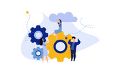 Man and woman business organization with circle gear vector concept illustration mechanism teamwork. Skill job cooperation coworker person. Group company process development structure workforce banner