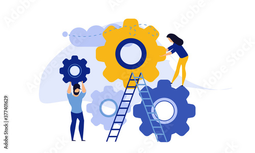 Man and woman business organization with circle gear vector concept illustration mechanism teamwork. Skill job cooperation coworker person. Group company process development structure workforce banner