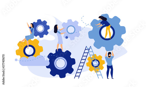 Man and woman business organization with circle gear vector concept illustration mechanism teamwork. Skill job cooperation coworker person. Group company process development structure workforce banner