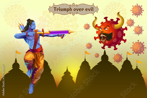 Dussehra wishes with rama attacking virus with vaccine