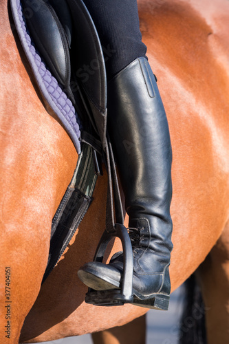 A rider's foot on a bay horse close up. A woman's booted foot standing in a black stirrup of horse saddle.