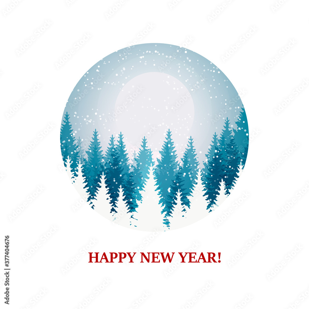 Merry Christmas and Happy New Year design with beautiful winter scenery. Blue Christmas tree landscape with snow. Vector illustration with hand drawn elements Merry Christmas and Happy New Year design with beautiful winter scenery. Blue Christmas tree landscape with snow. Vector illustration with hand drawn elements