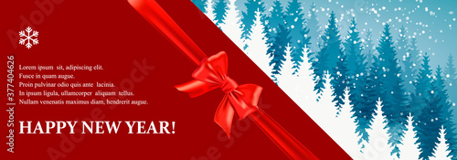 Merry Christmas and Happy New Year greeting card with beautiful winter scenery. Blue Christmas tree landscape with snow. Vector illustration with hand drawn elements