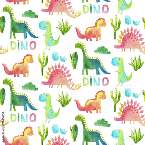 Cute cartoon dinosaurs seamless pattern in scandinavian style. Hand painted watercolor dino and tropical florals illustration. Nursery art for childish background  fabric  textile  wallpaper  paper