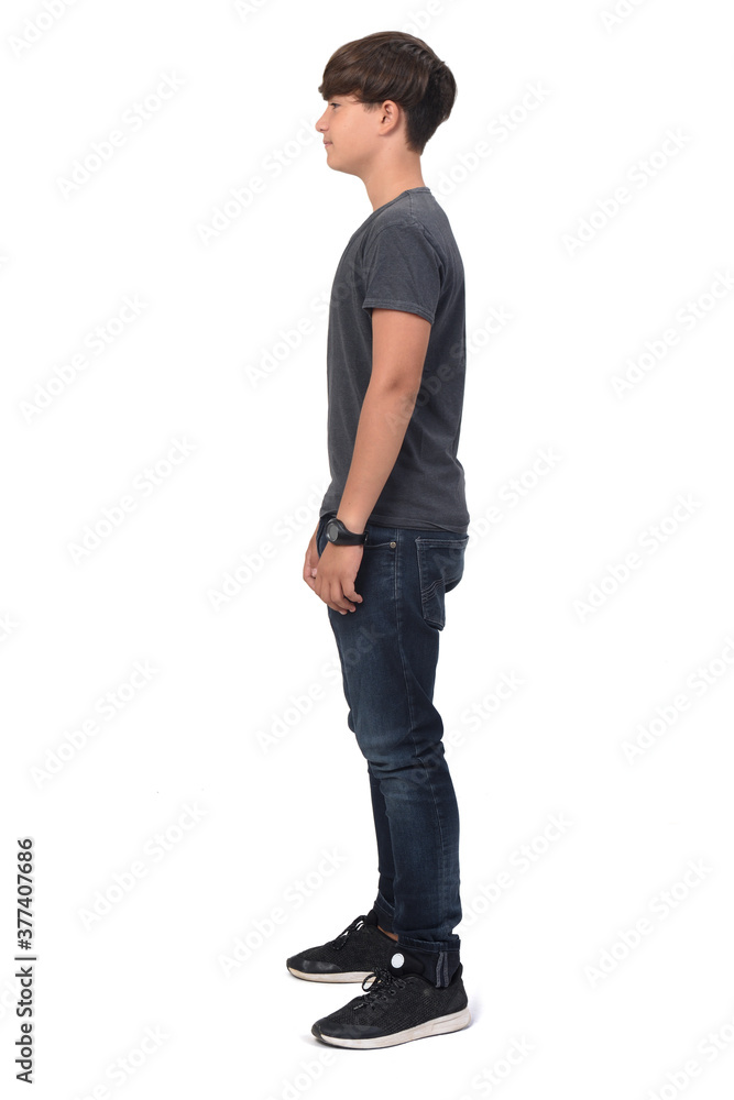 portrait of a teenage boy look side on white background portrait of a teenage boy look side on white background