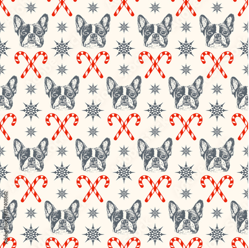 French bulldog seamless pattern, merry christmas and happy new year theme