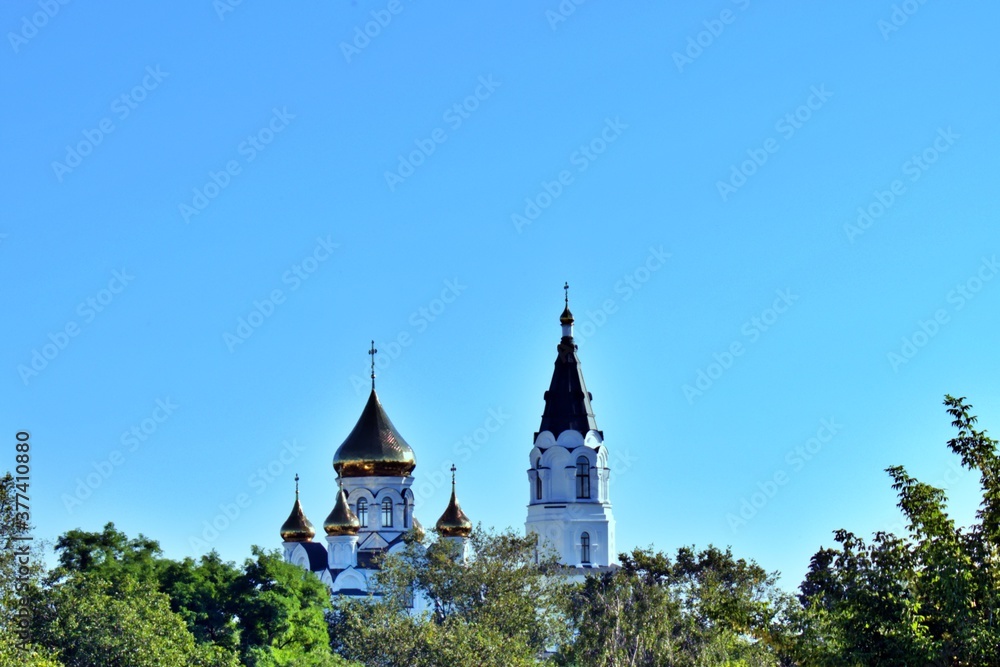 golden domes of orthodox cathedral on the horizon with blue sky and blurred foreground of green trees