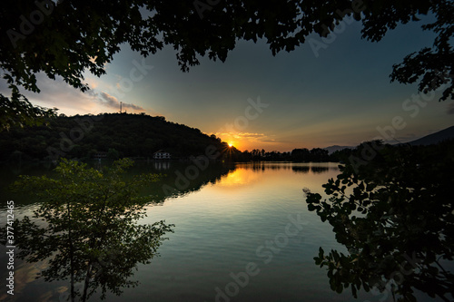 Lopota lake with reflection of mountains