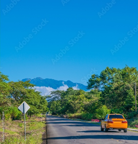 View of the Barú volcano from Potrerillos, Chiriqui. The town offers a cool climate and there are few settlers if we compare it with other parts of the province. Few cars pass this street photo
