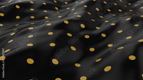 Abstract smooth surface with ripples. Cloth with waves. Yellow pattern of dots on a black canvas. Fashion luxury textile. Modern background for poster, cover, branding, banner, web. 3d rendering